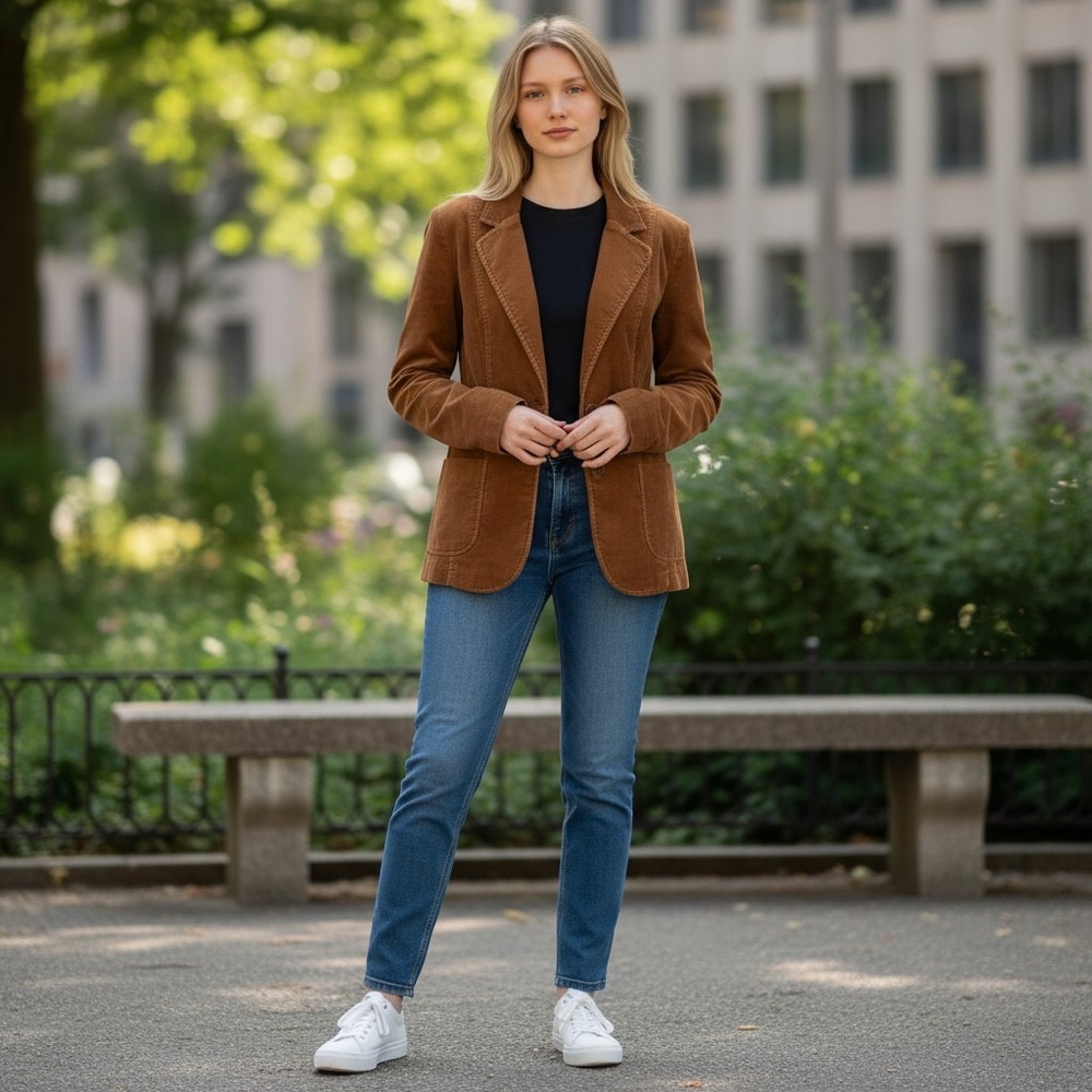 St. Johns Bay Womens Corduroy Jacket Brown Stretch Blazer Button Front Size L